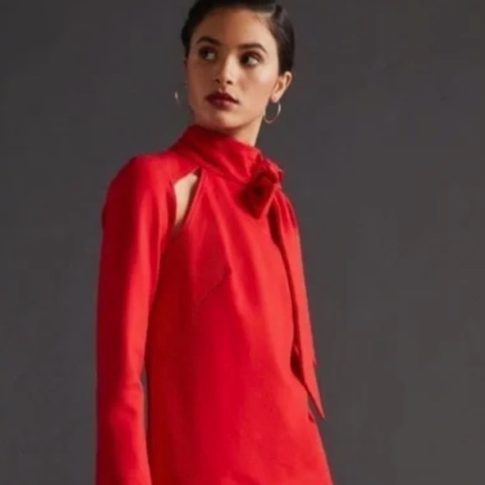 NWT!! Anthropologie Neck Tie Bright Red Long Sleeve Shift Dress